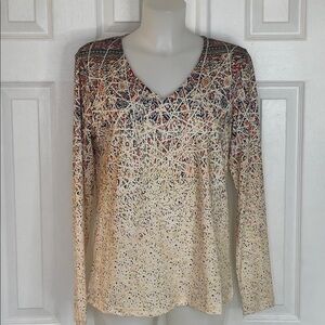 EXCLUSIVE CREAM & MULITCOLORED PULLOVER TOP VERY SOFT LONG SLEEVE BLOUSE SZ M
